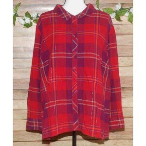 Catherines Red Plaid Metallic Button Front Shirt Blouse Size 2X 22W 24W Petite